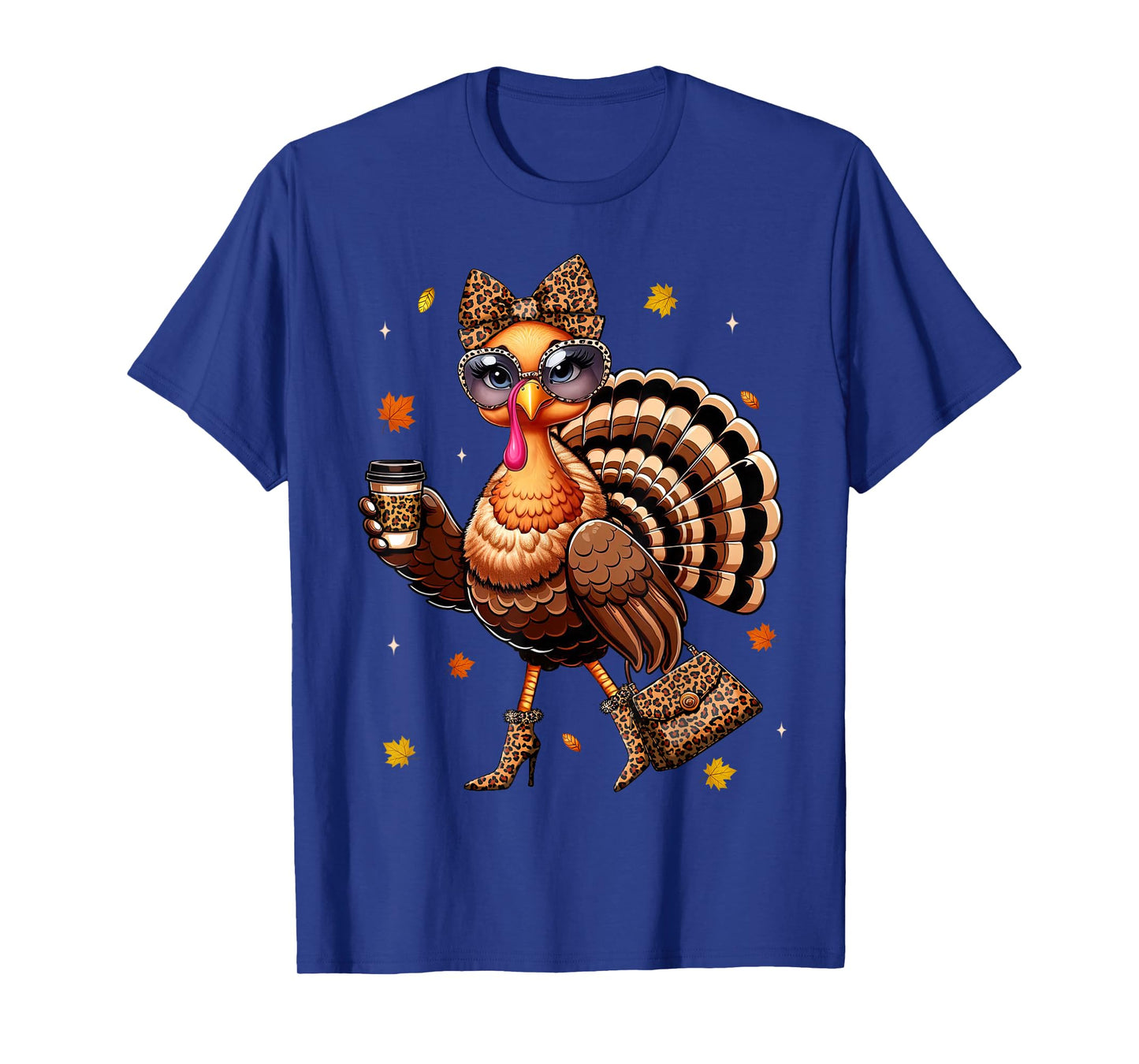 Leopard Turkey Drinking Coffee Thanksgiving Women Turkey Day T-Shirt