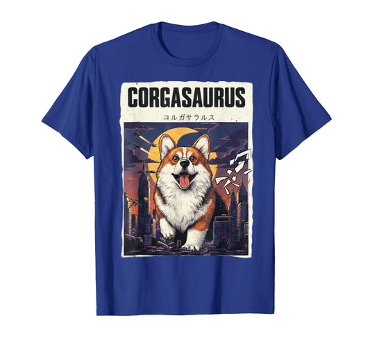 Funny Corgi Dinosaur City Attack Retro Japanese Vibe T-Shirt