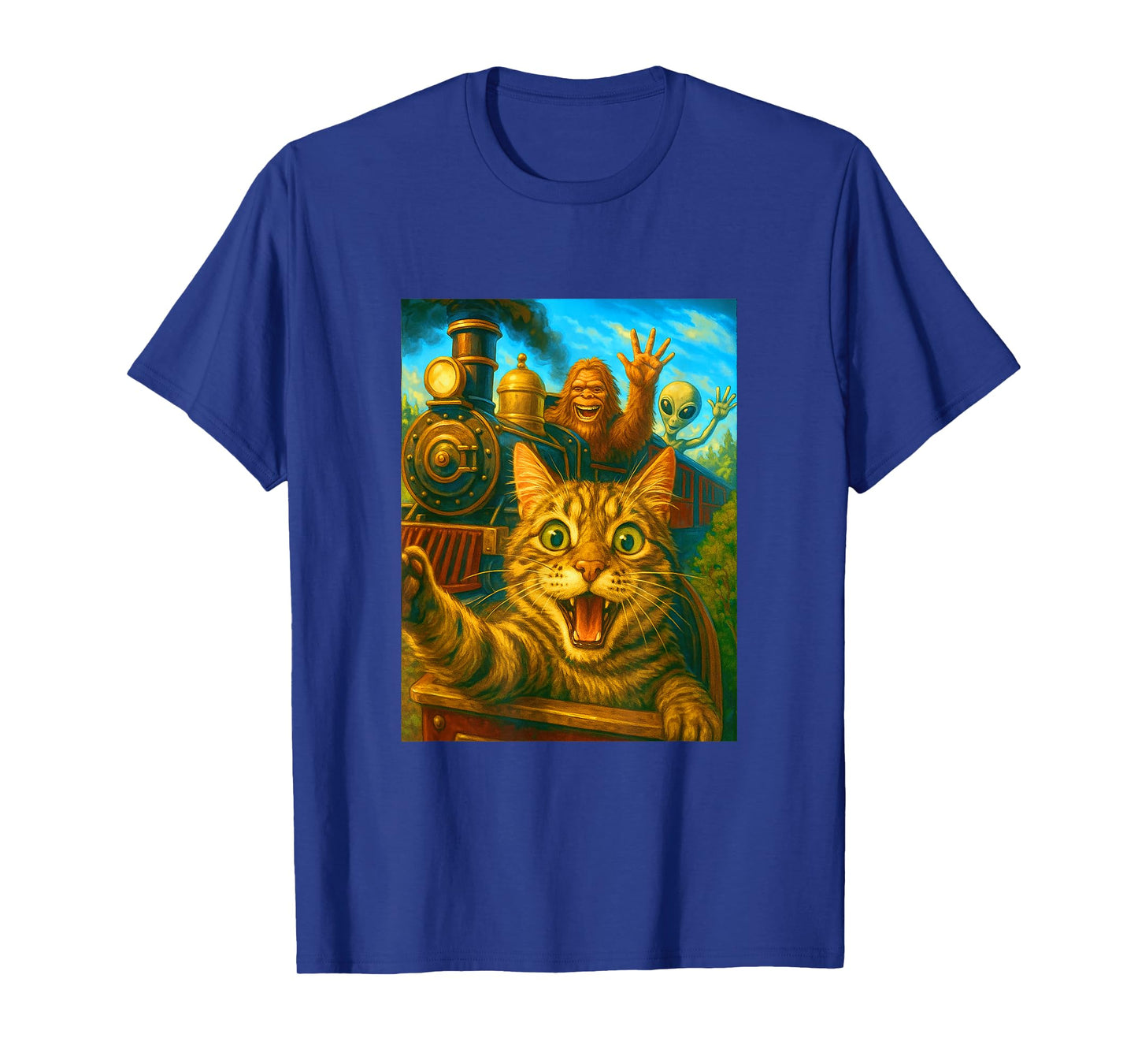 Steam Engine Train Cat Selfie Bigfoot Alien Steam Locomotive T-Shirt