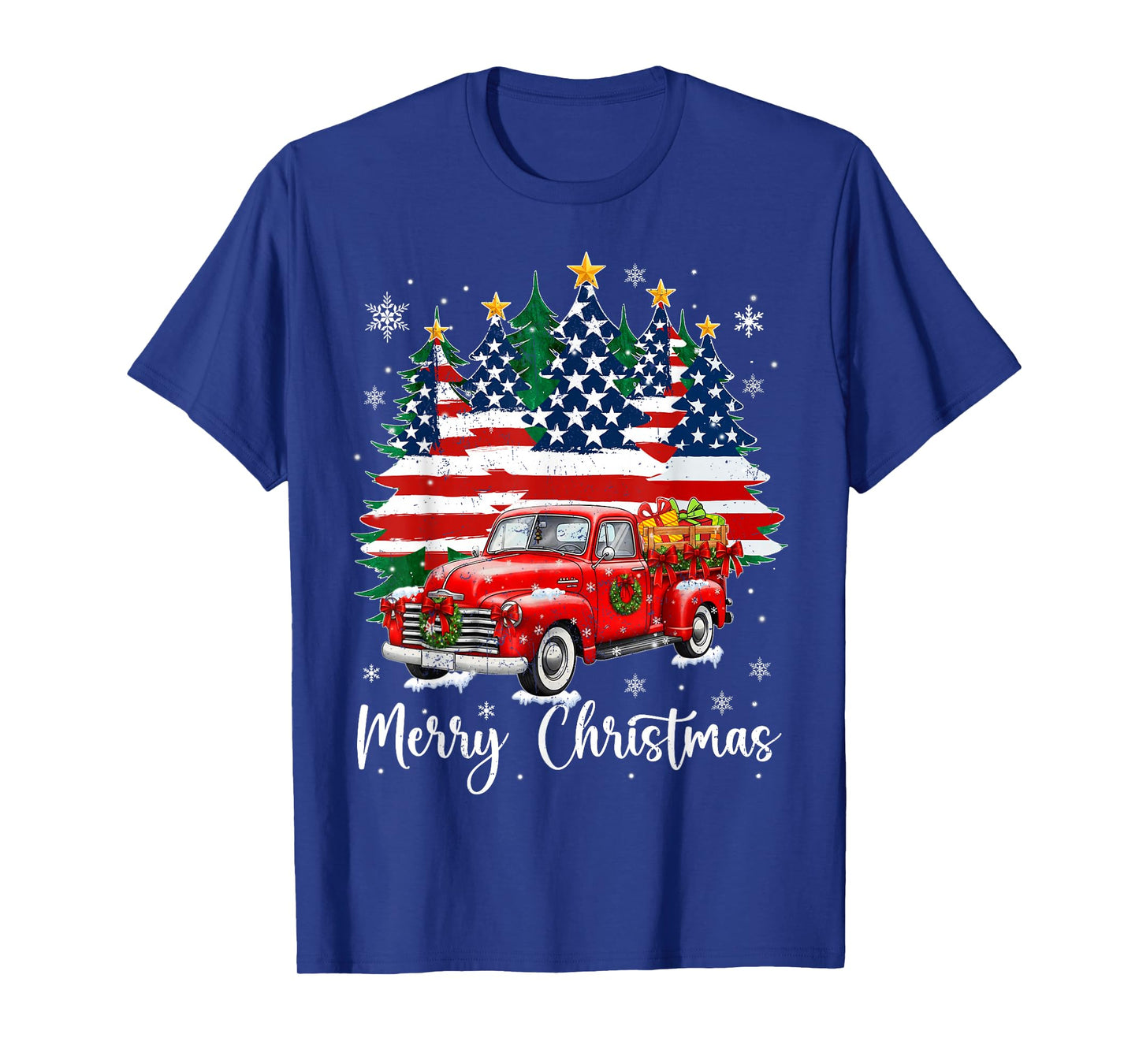 Merry Christmas Vintage Red Truck Us Flag Tree Xmas Men T-Shirt