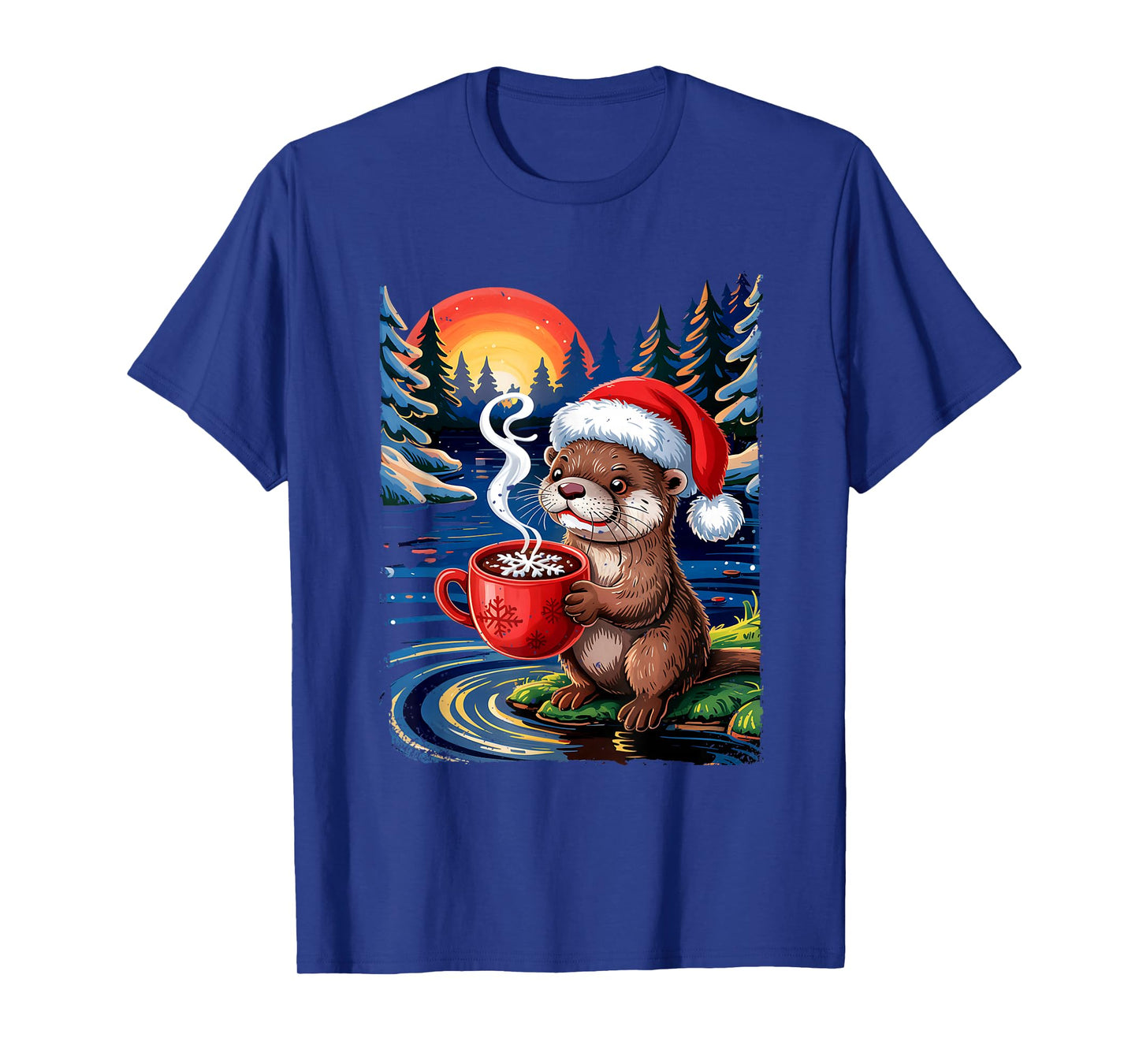 Otter Drinking Hot Cocoa Christmas Santa Hat Winter Wildlife T-Shirt