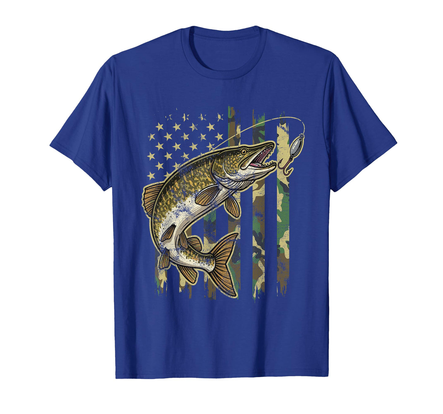 Vintage Northern Pike Fishing Camo American Flag T-Shirt