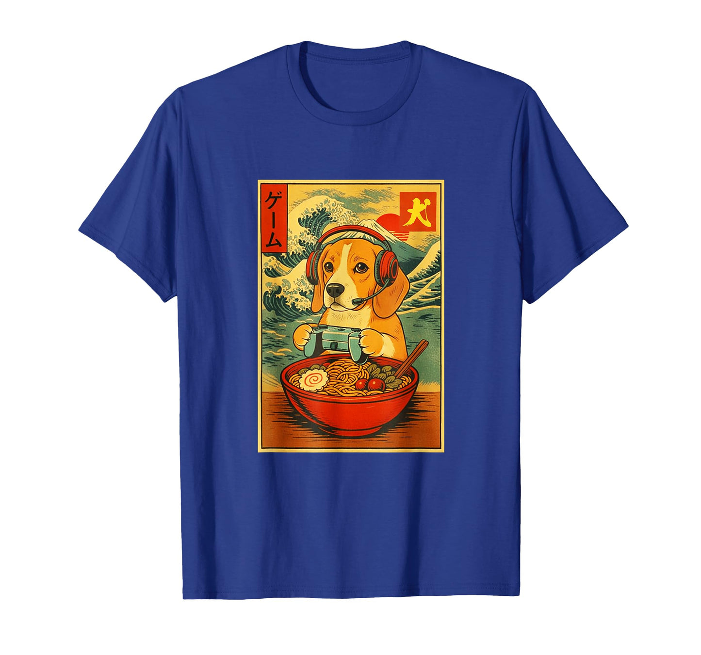 Beagle Dog Gaming Ramen Japanese Ukiyo-e Great Wave Retro T-Shirt