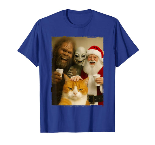 Cat Selfie with Bigfoot, Alien & Santa, Funny Christmas T-Shirt