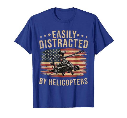 Funny Easily Distracted by Apache Helicopter USA Flag Gift T-Shirt