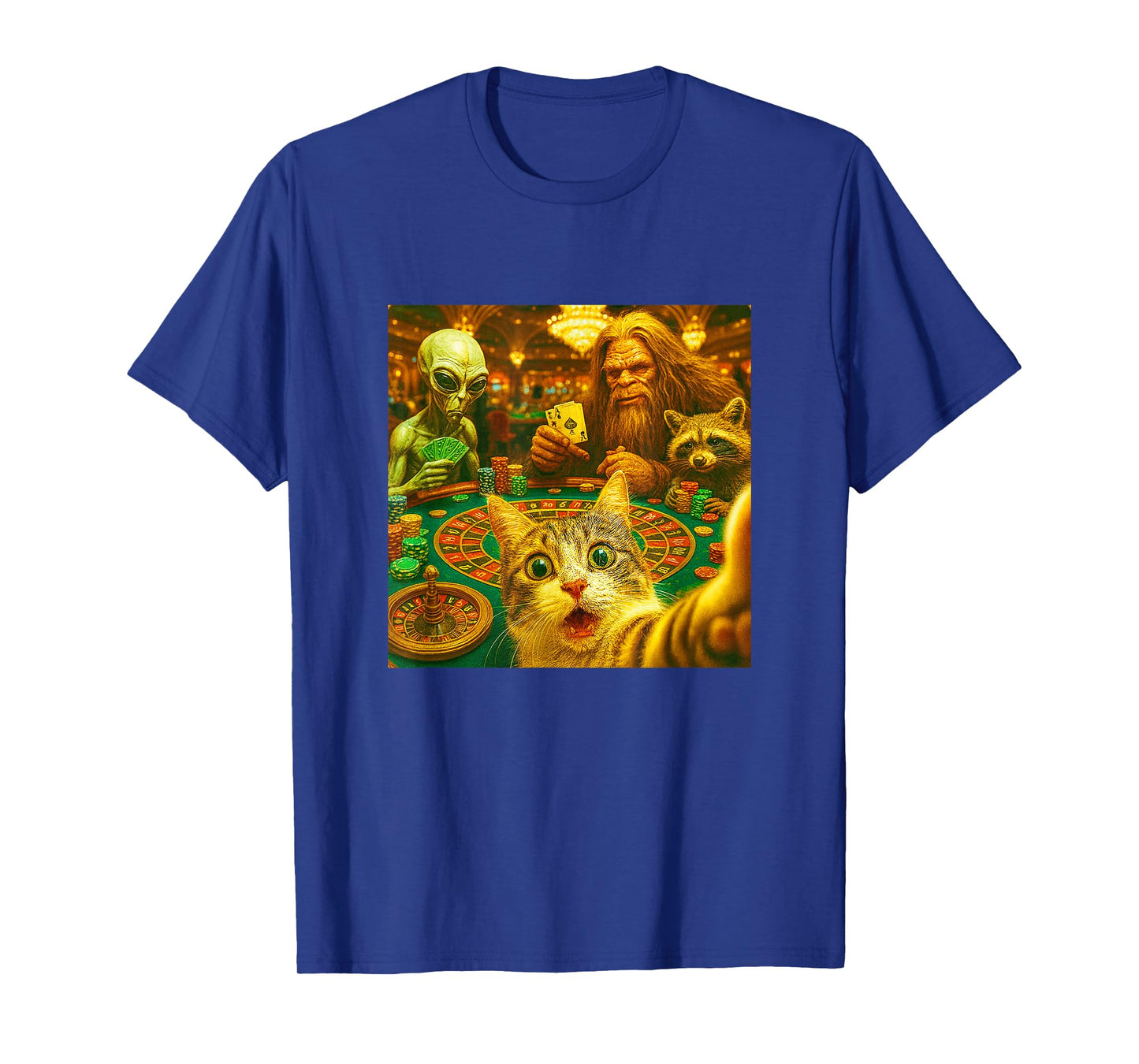 Funny Gambling Cat Raccoon Alien Bigfoot Selfie Art Casino T-Shirt