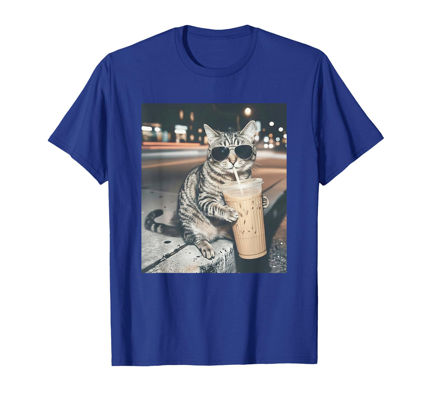 Cat Drinking Iced Coffee Funny Animal Meme Men Women T-Shirt