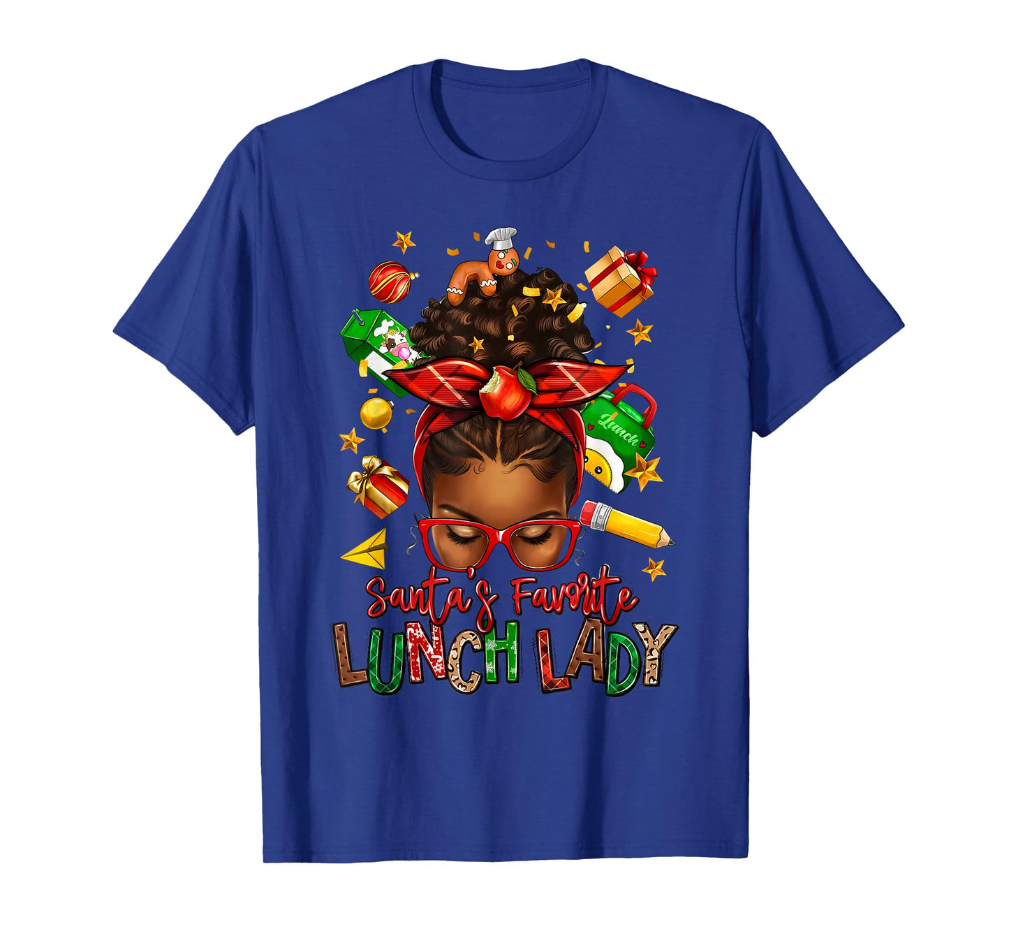 Santa's Favorite Lunch Lady Afro Messy Bun Woman Christmas T-Shirt