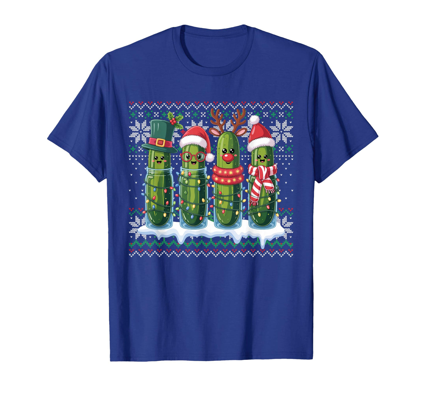 Funny Pickles Christmas Lights Santa Hat Xmas Ugly Sweater T-Shirt