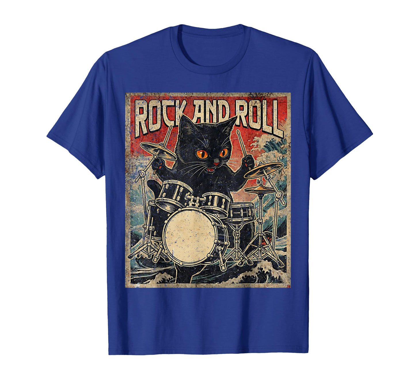 Cat Playing Drums Rock On Vintage Rock Drummer Cat T-Shirt