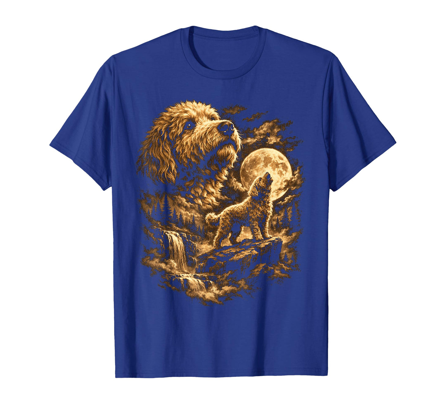Golden Doodle Dog Howling Moon Fantasy Forrest Wilderness T-Shirt