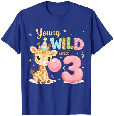 Kids Kids 3rd Birthday Young Wild and Three 3 Year Old Giraffe T-Shirt - T-Shirt | Royal