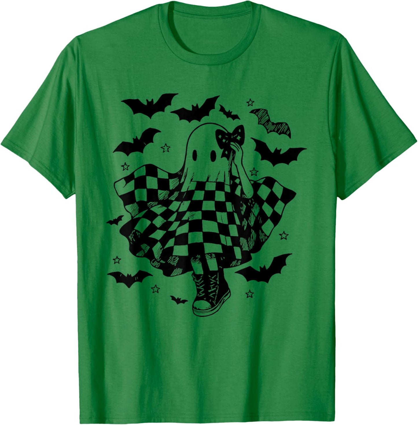 Retro Halloween Checkered Ghost Dance Coquette Bow T-Shirt - T-Shirt | Irish Green