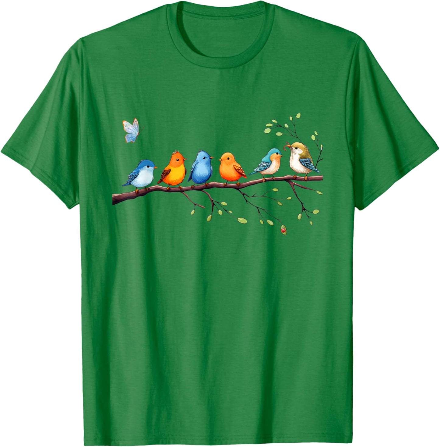 Happy Cute Birds on Branch Ladybug Butterfly T-Shirt - T-Shirt | Irish Green