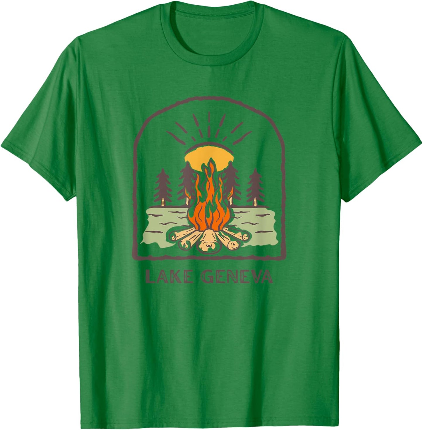 Lake Geneva Wisconsin Retro Campfire Camping UpNorth Midwest T-Shirt - T-Shirt | Irish Green