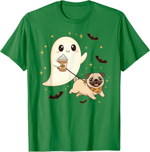 Cute Ghost Walking Dog Pug Coffee Halloween Costume T-Shirt - T-Shirt | Irish Green