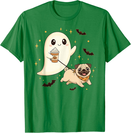 Cute Ghost Walking Dog Pug Coffee Halloween Costume T-Shirt - T-Shirt | Irish Green