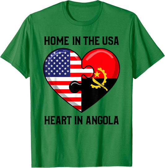 Home in The USA Heart in Angola Flag Love T-Shirt - T-Shirt | Irish Green