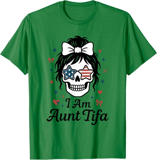I Am Aunt Tifa Cute Coquette Skull with Bow and American T-Shirt - T-Shirt | Irish Green