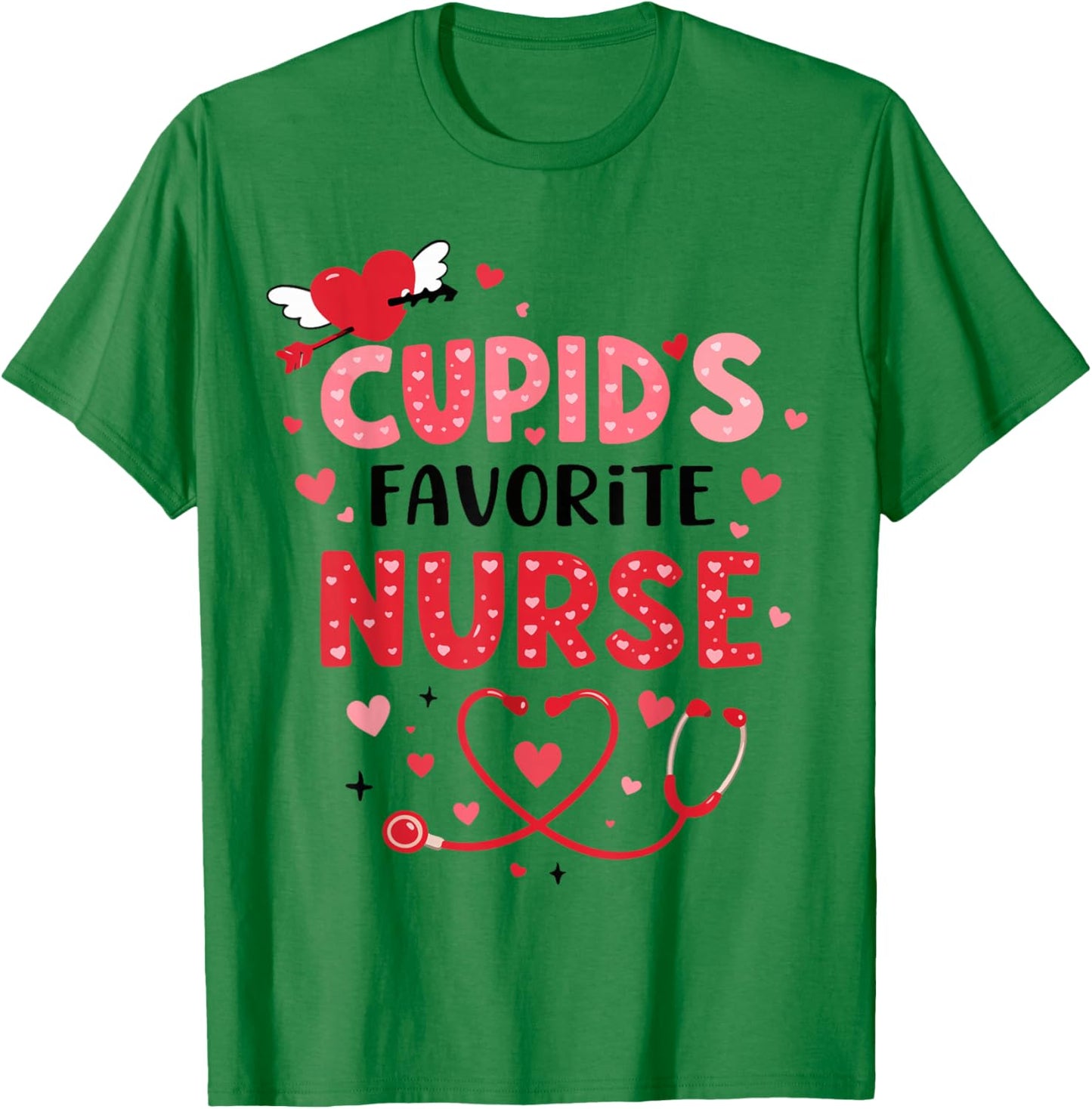 Valentine Cupid’s Favorite Nurse ER Heart Girl Women Men T-Shirt - T-Shirt | Irish Green