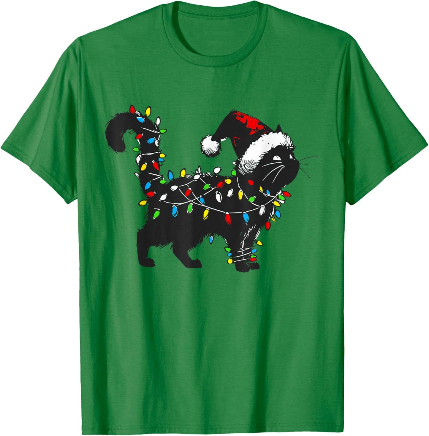 Black Cat Xmas Santa Hat Funny Cats Lover Christmas Light T-Shirt - T-Shirt | Irish Green
