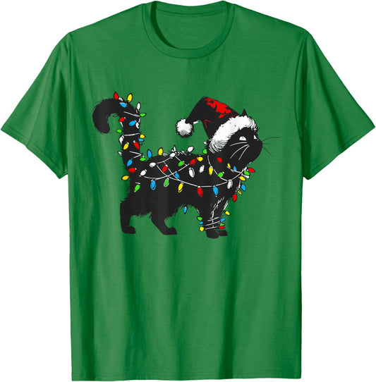 Black Cat Xmas Santa Hat Funny Cats Lover Christmas Light T-Shirt - T-Shirt | Irish Green