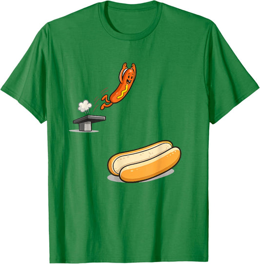 Funny Hot Dog Diving Into Bun Cartoon Food Humor T-Shirt - T-Shirt | Irish Green