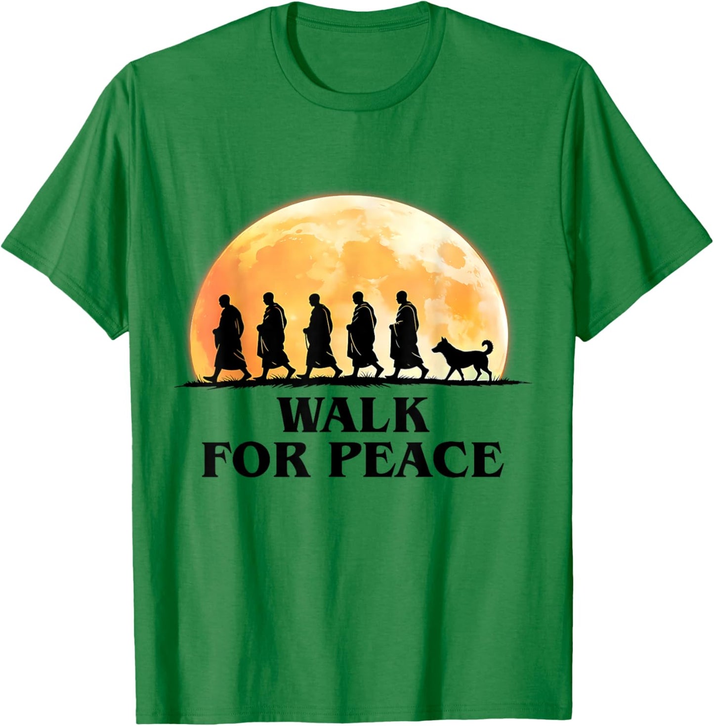 Retro Peace Walking Monks & Dog Minimalist Zen Art Graphic T-Shirt - T-Shirt | Irish Green