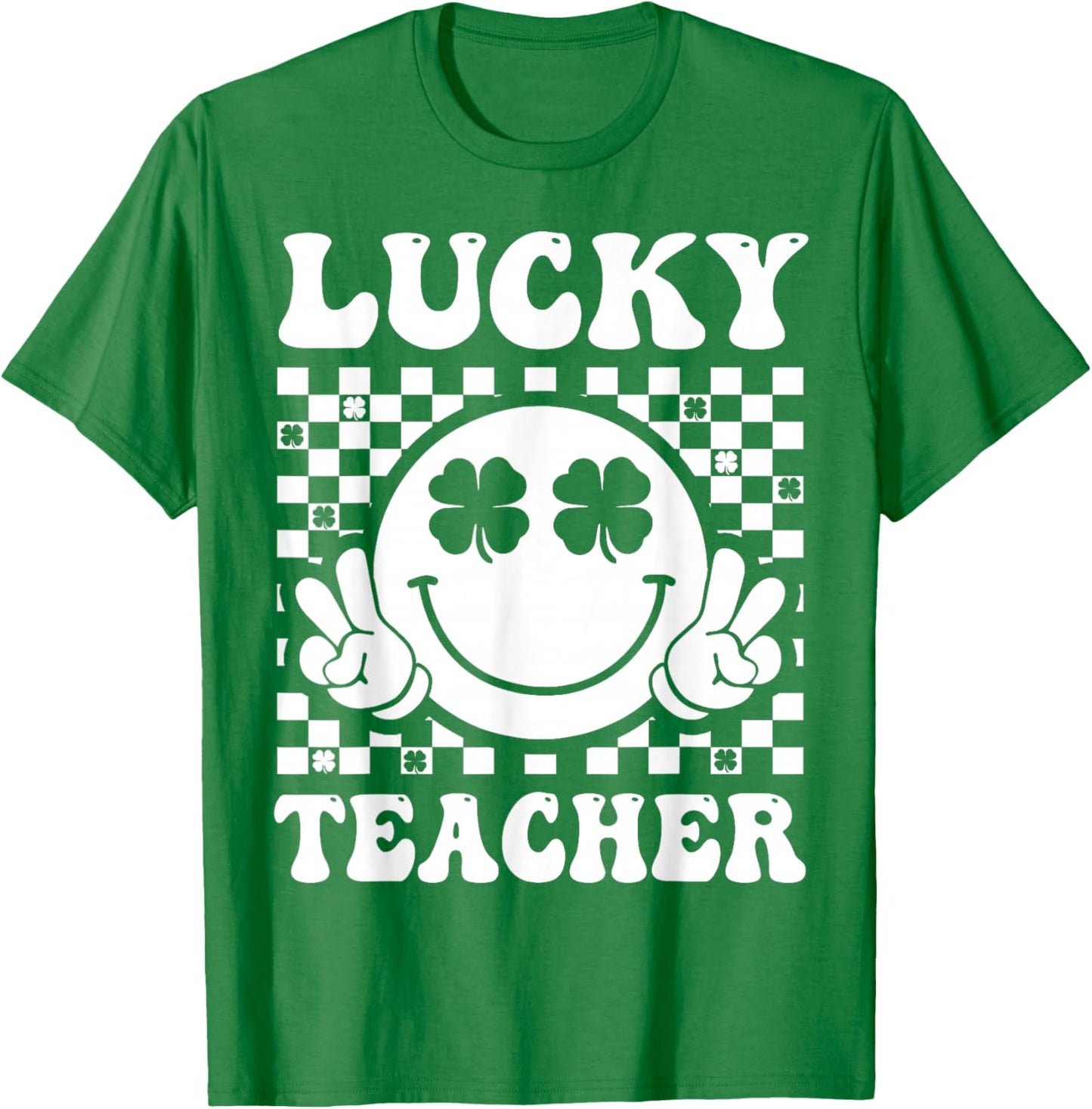 Lucky Teacher Retro Smile Face Shamrock St Patricks Day T-Shirt - T-Shirt | Irish Green