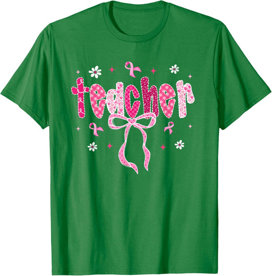 in October We Wear Pink Breast Cancer Awareness Teacher T-Shirt - T-Shirt | Irish Green