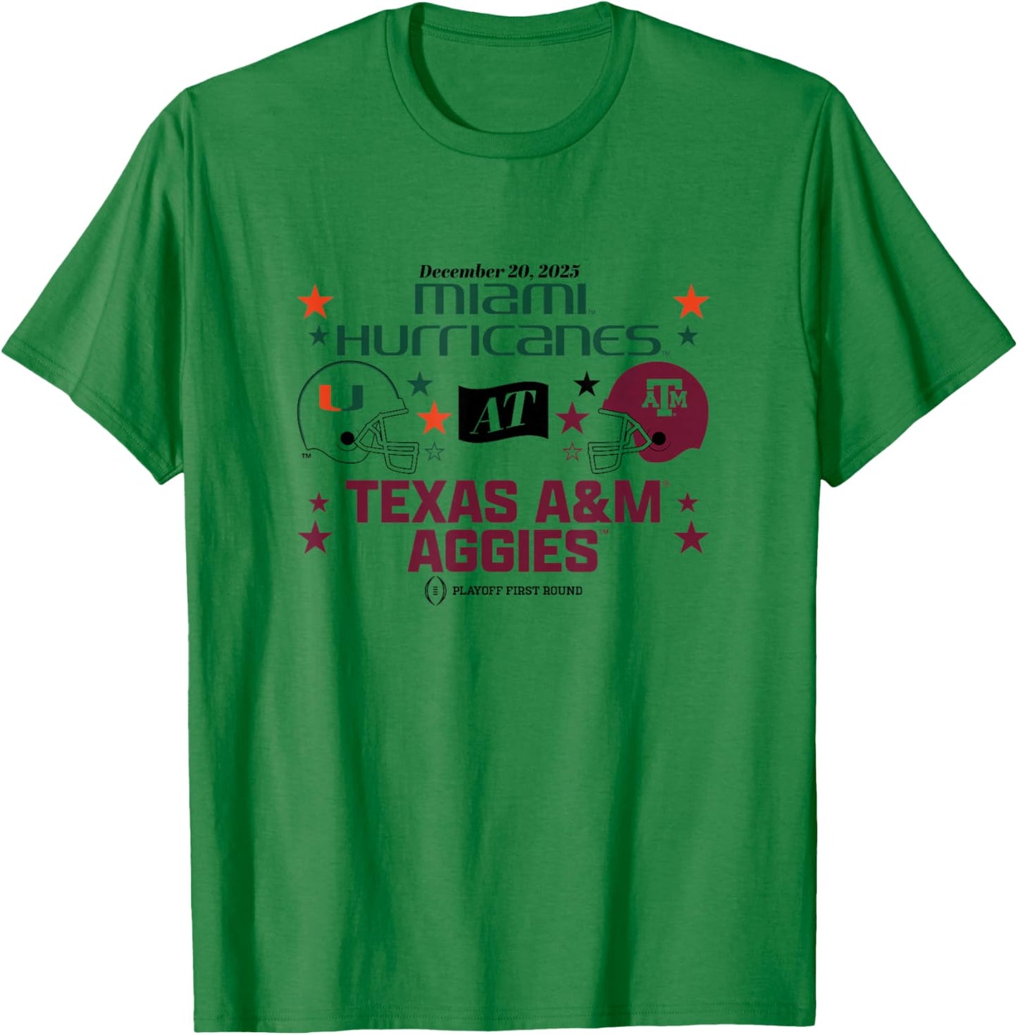 Texas A&M & Miami: 2025 CFP First Round Matchup T-Shirt - T-Shirt | Irish Green