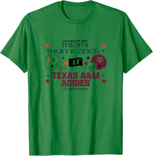 Texas A&M & Miami: 2025 CFP First Round Matchup T-Shirt - T-Shirt | Irish Green