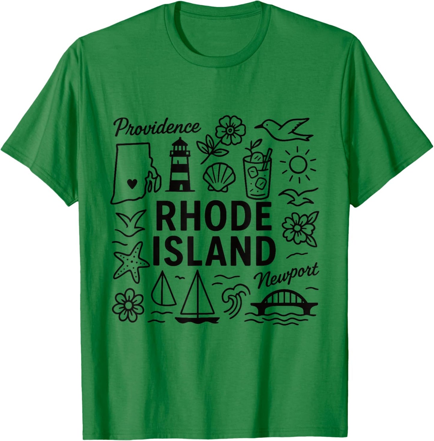 Rhode Island USA State Symbols Vintage Souvenir Cute Doodle T-Shirt - T-Shirt | Irish Green