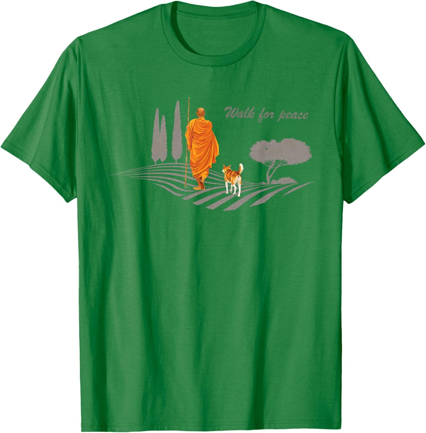 Retro Peace Walking Monks & Dog Minimalist Zen Art T-Shirt - T-Shirt | Irish Green