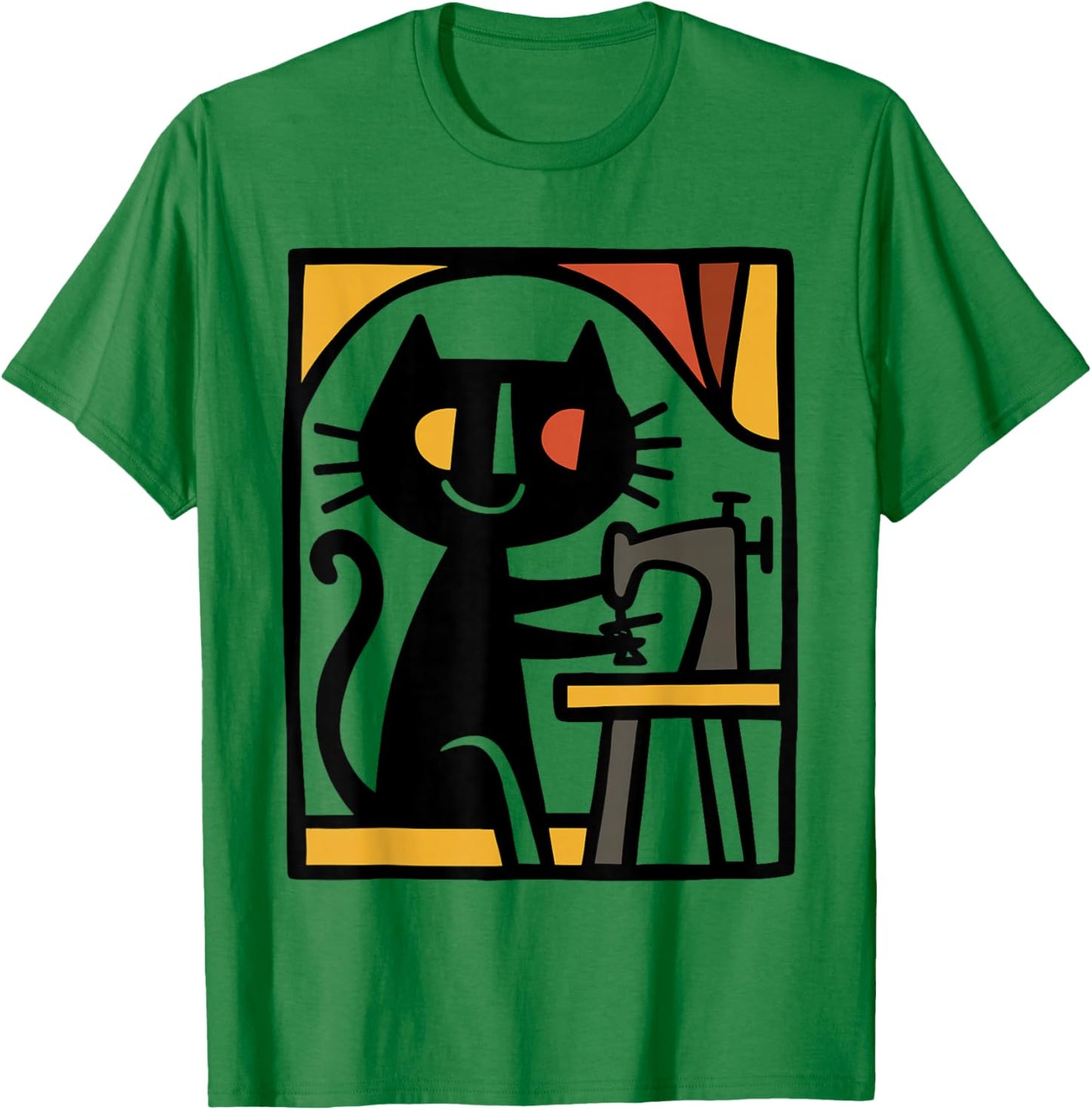 Black Cat Sewing Illustration Cute Cat at Sewing Machine Art T-Shirt - T-Shirt | Irish Green