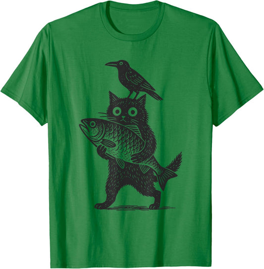 Retro Woodcut Cat with Fish and Crow Funny Animal Graphic T-Shirt - T-Shirt | Irish Green