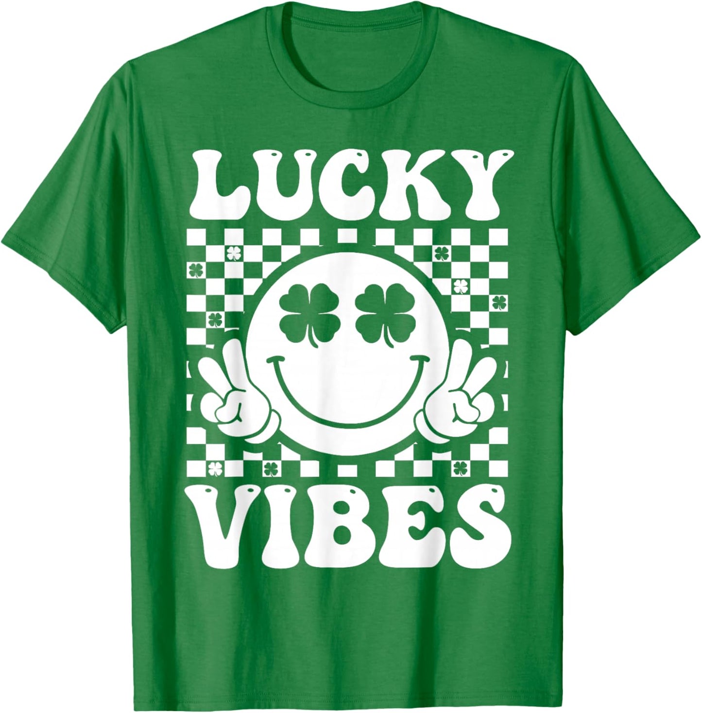 Lucky Vibes Retro Smile Face Irish Shamrock St Patricks Day T-Shirt - T-Shirt | Irish Green