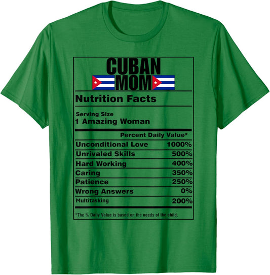 Funny Cuban Mom Nutrition Facts Cuba Flag Cubanita Cubana T-Shirt - T-Shirt | Irish Green