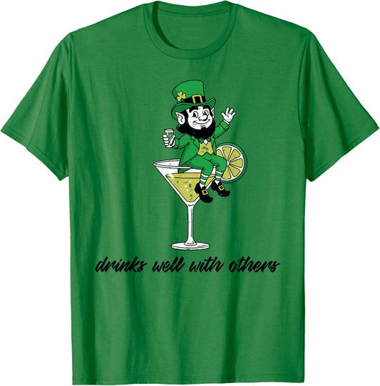 St Patricks Day Leprechaun Drinks Well with Others Men Women T-Shirt - T-Shirt | Irish Green