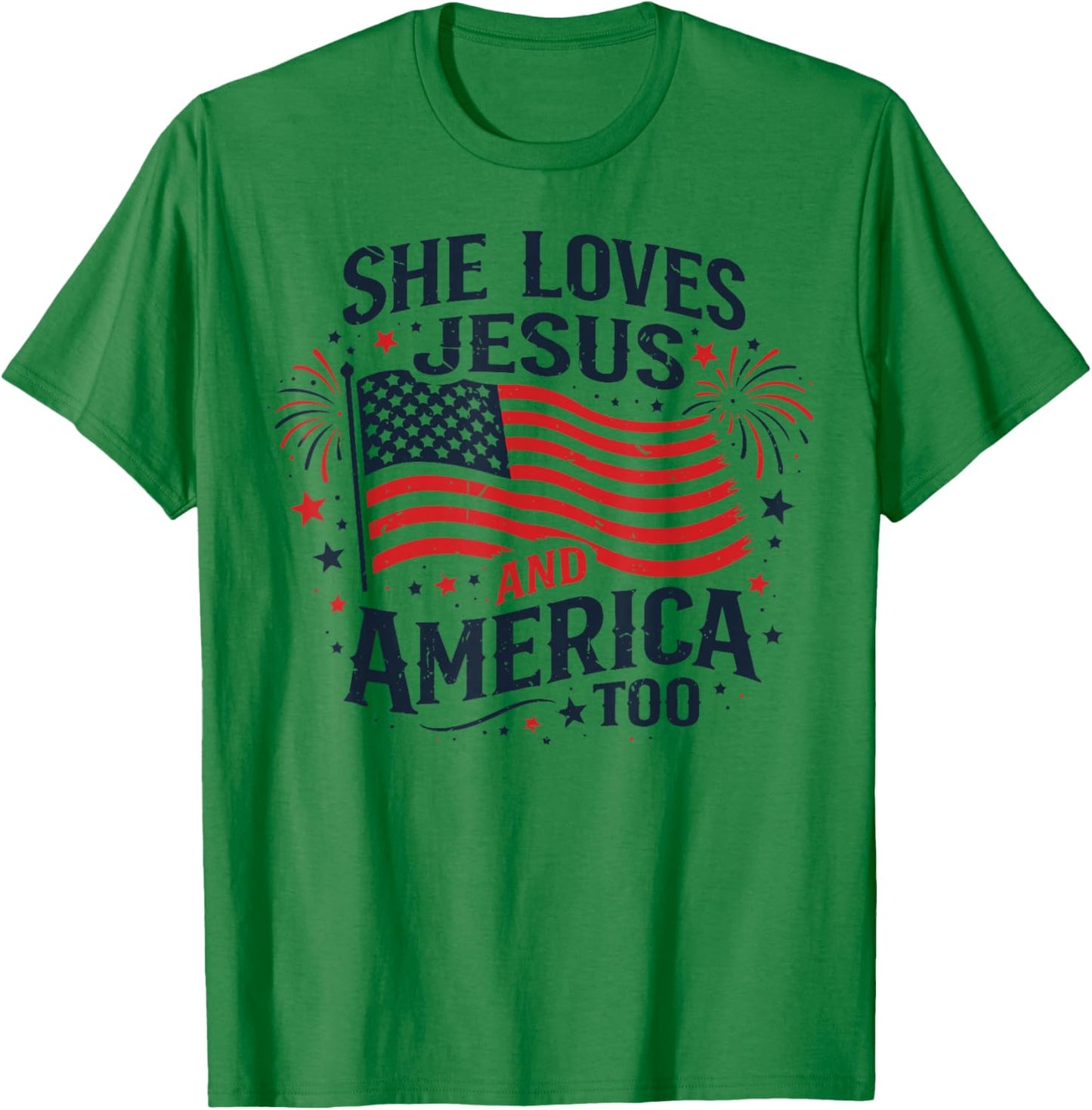 Patriotic Girl She Loves Jesus and America Too American Flag T-Shirt - T-Shirt | Irish Green