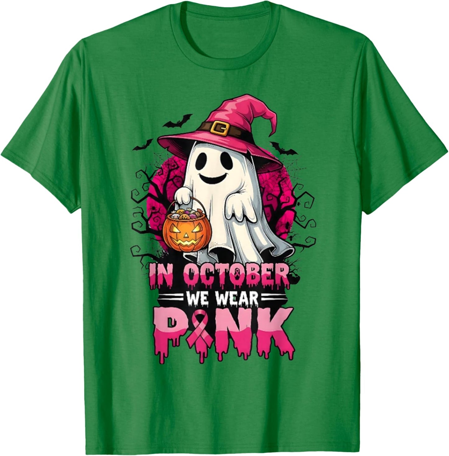 in October We Wear Pink Ghost Witch Breast Cancer Awareness T-Shirt - T-Shirt | Irish Green