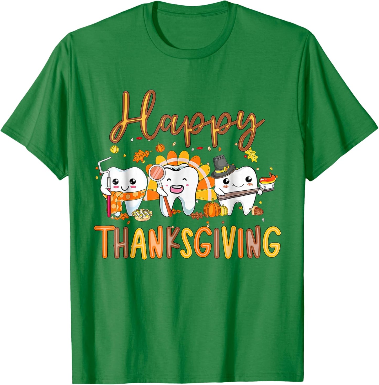 Funny Happy Thanksgiving Teeth Dental Squad Turkey Retro T-Shirt - T-Shirt | Irish Green