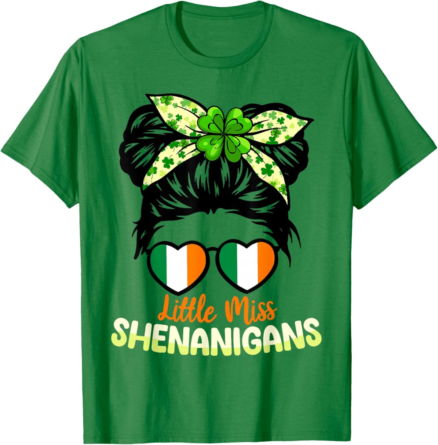 Miss Shenanigans Messy Bun Ireland Shamrock St Patrick Girl T-Shirt - T-Shirt | Irish Green