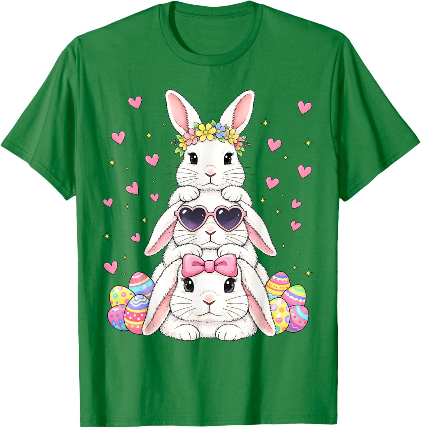 Cute Happy Easter Bunny Stack Floral Easter Eggs Girl Kids T-Shirt - T-Shirt | Irish Green