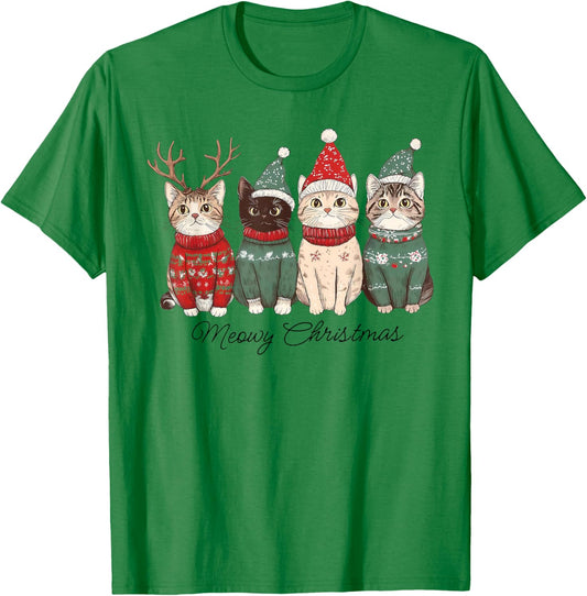 Meowy Catmas Cat Christmas Lights Xmas Pajamas Cat Lover T-Shirt - T-Shirt | Irish Green