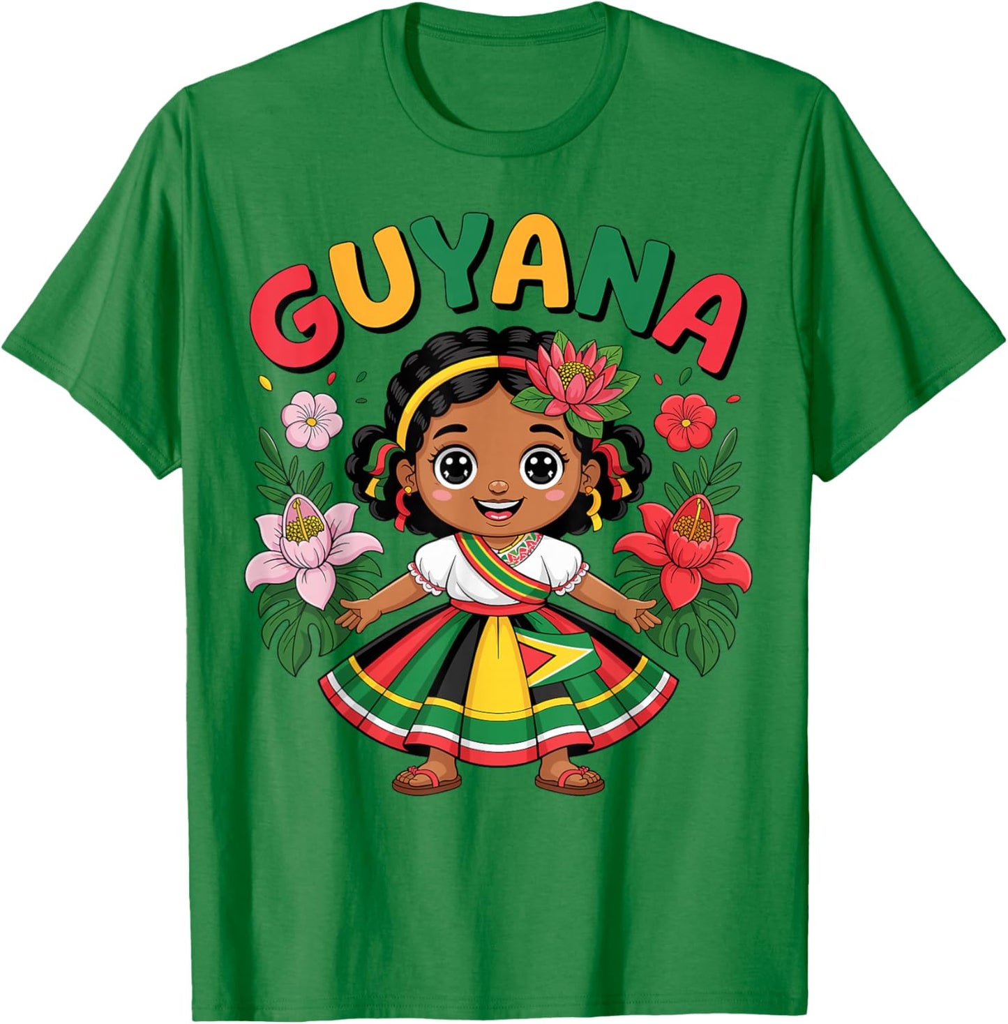 Guyanese Girl in Traditional Dress with Tropical Flowers T-Shirt - T-Shirt | Irish Green