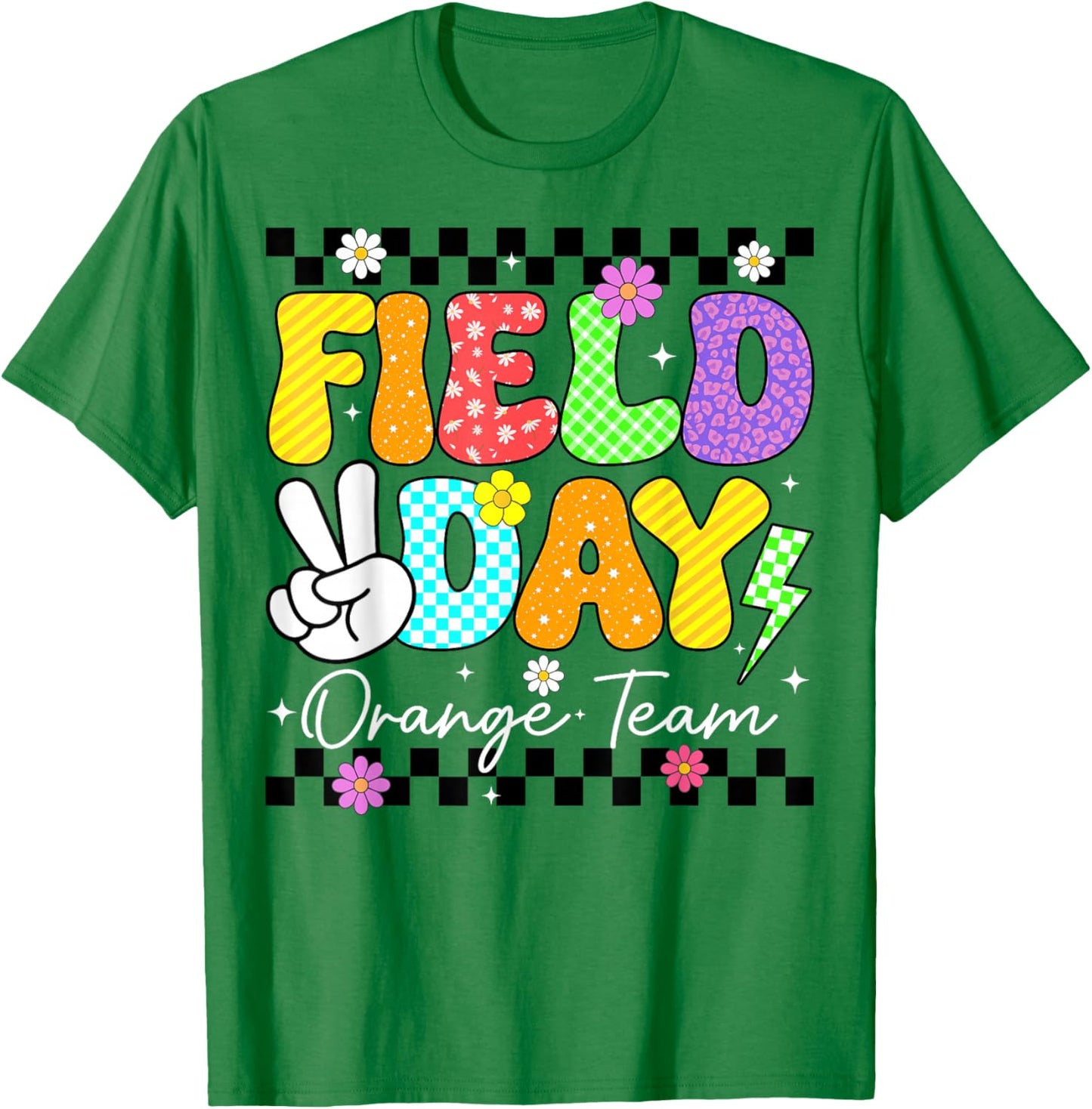 Groovy Field Day Orange Team Peace Lightning Teacher Kid T-Shirt - T-Shirt | Irish Green