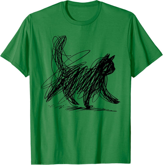 Scribble Cat Abstract Sketch Minimalist Cat Art T-Shirt - T-Shirt | Irish Green