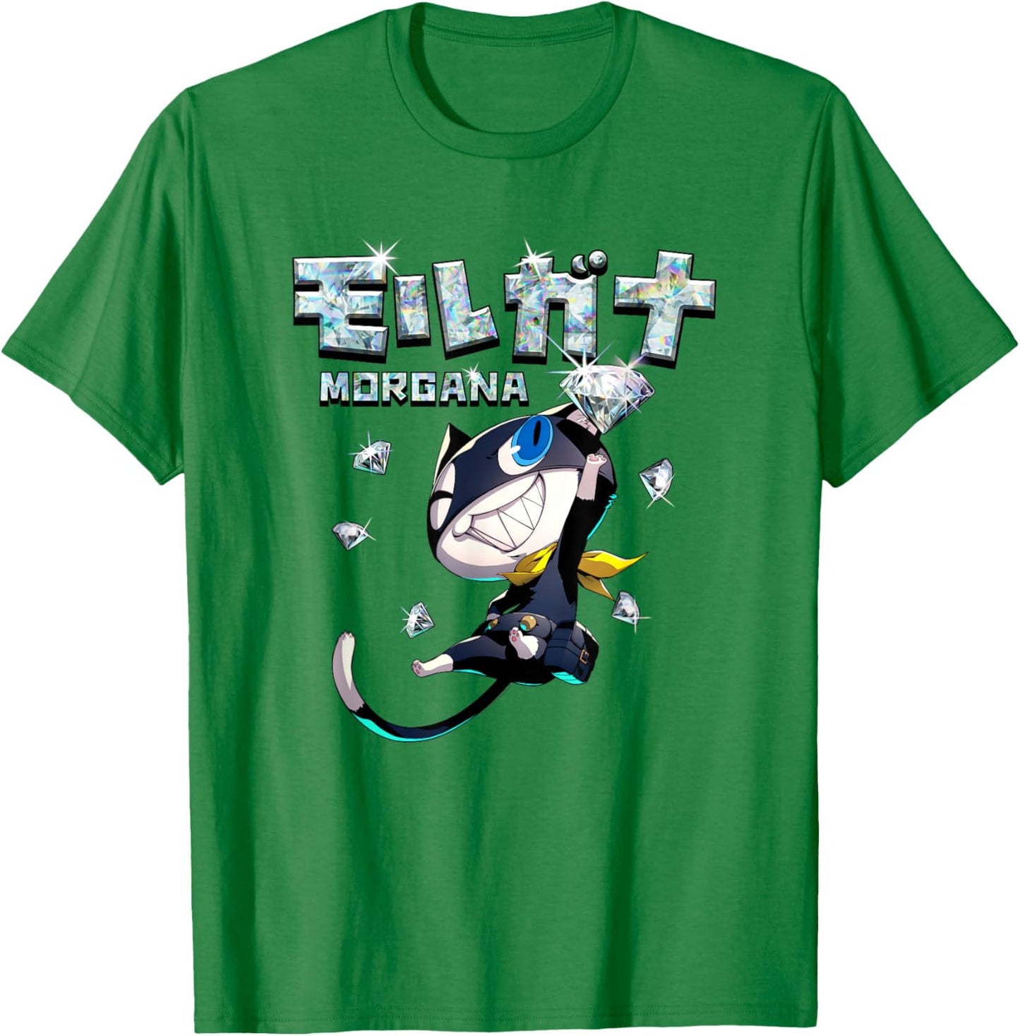 Persona 5 Morgana with Kanji and Diamonds RPG Video Game T-Shirt - T-Shirt | Irish Green