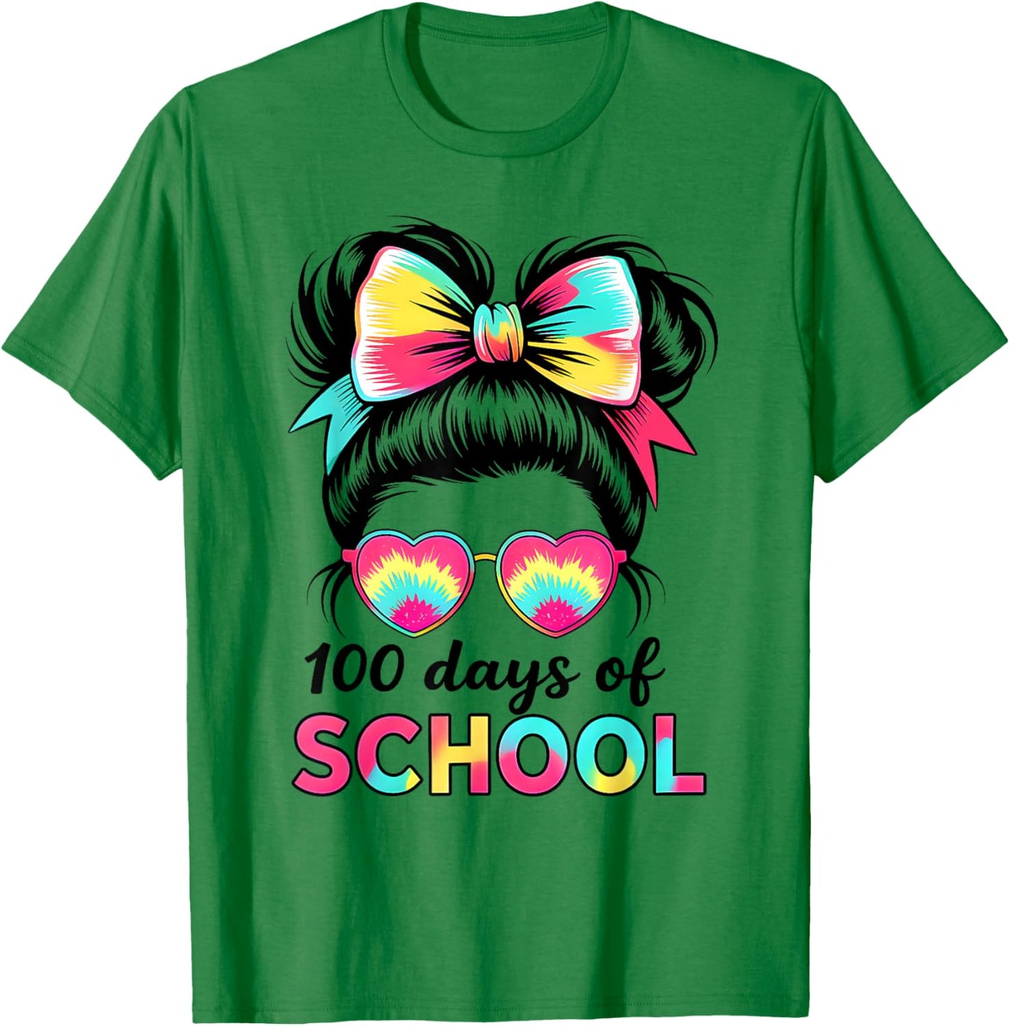 100 Days of School Girls Kids Messy Bun 100th Day of School T-Shirt - T-Shirt | Irish Green